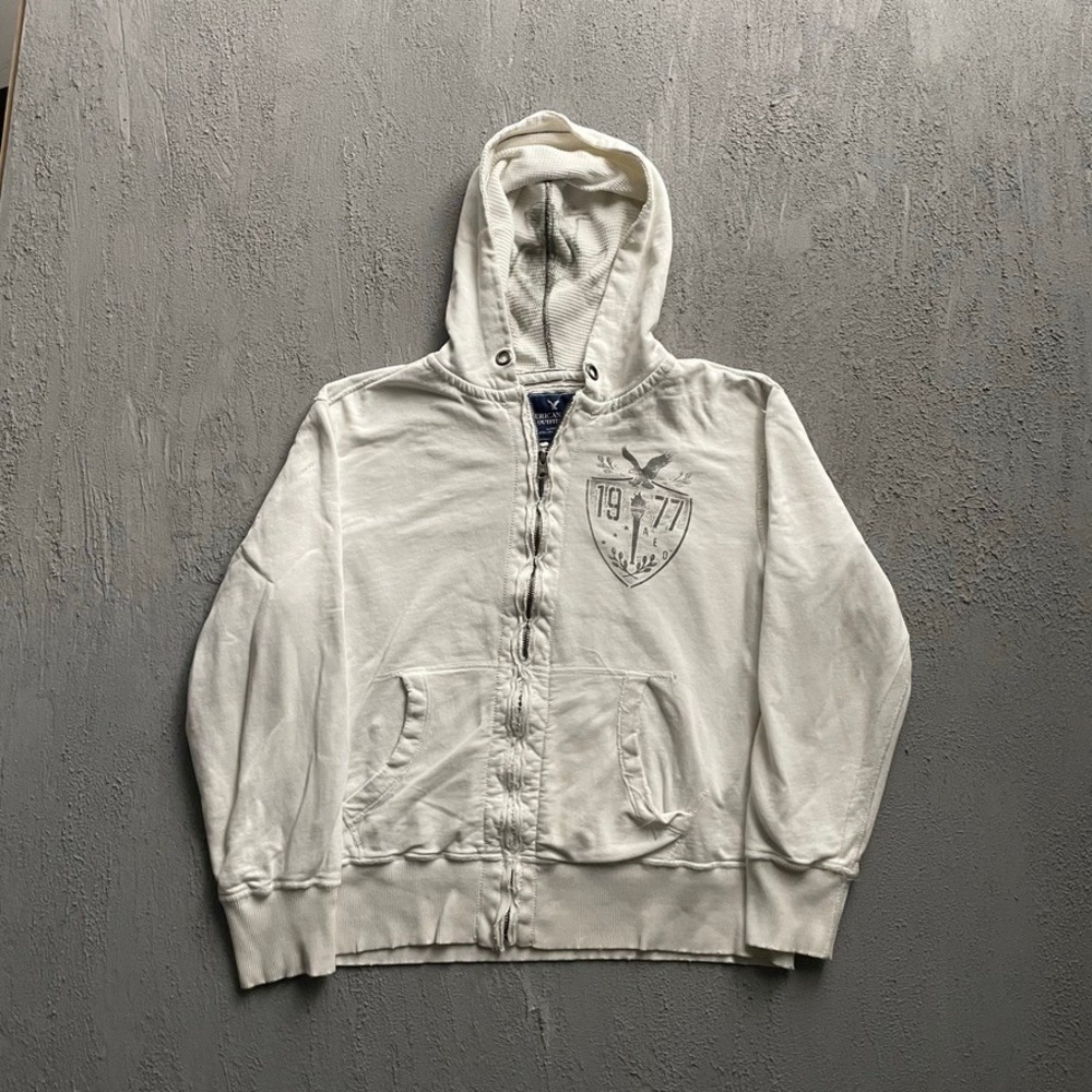 Vintage American Eagle Full Zip Hoodie Mens Large White Y2K